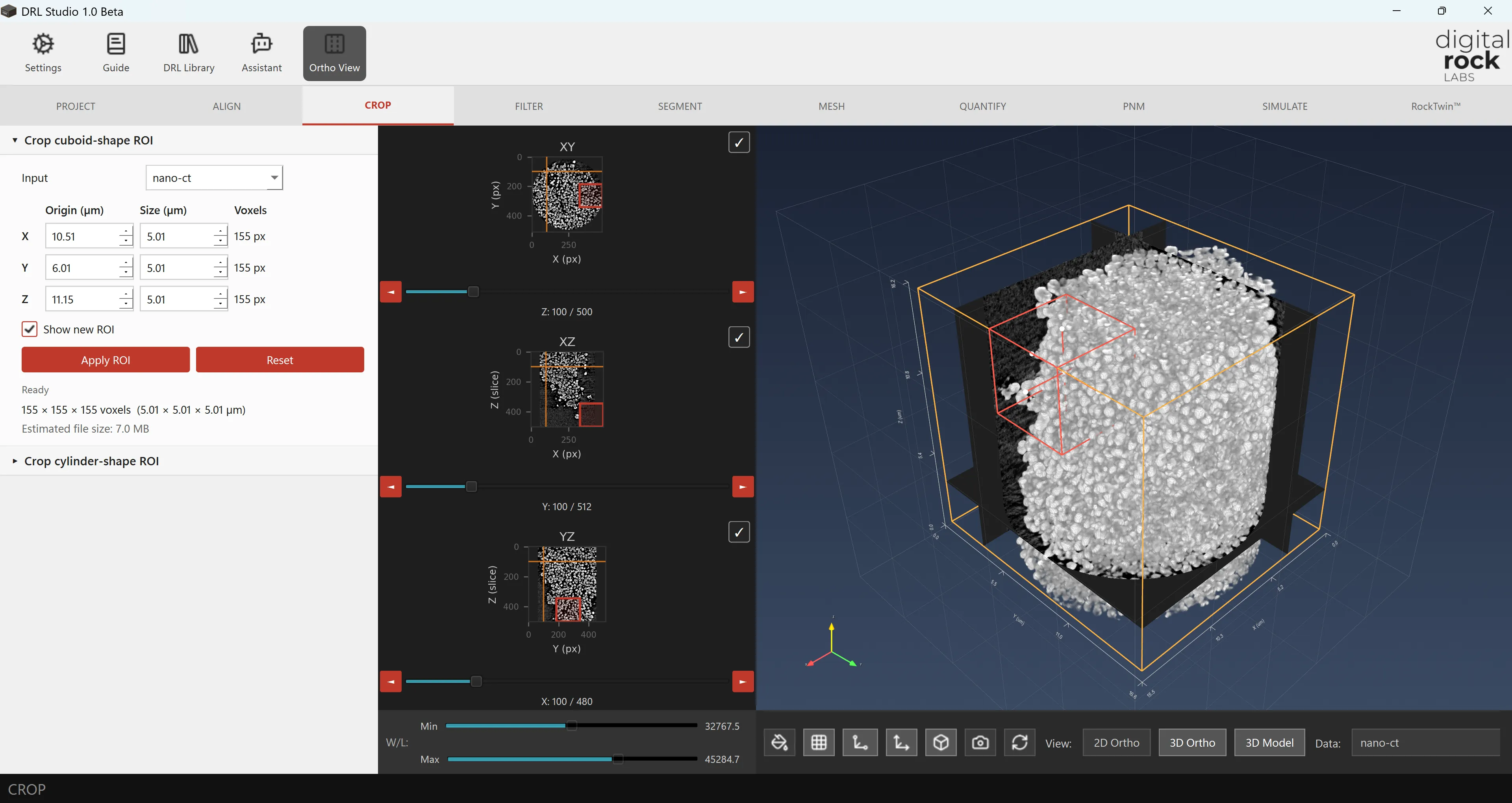 Visualization of a 3D digital rock model reconstructed from tomography image datasets using DRL Studio.